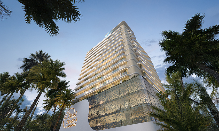 Pearl House 4 By Imtiaz A modern hotel tower, named Pearl House, surrounded by lush palm trees under a twilight sky.